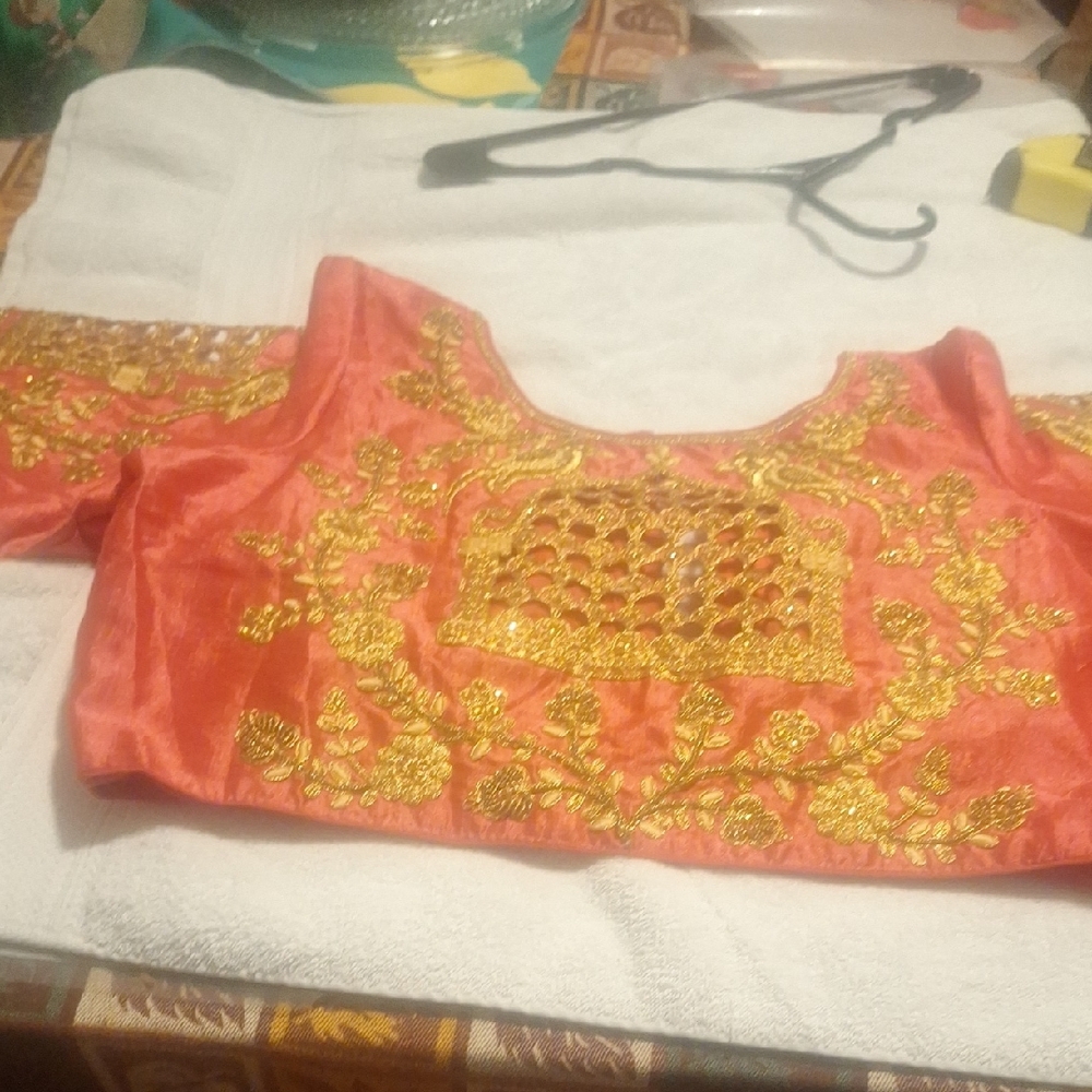 Embroidered Coral and Gold Blouse